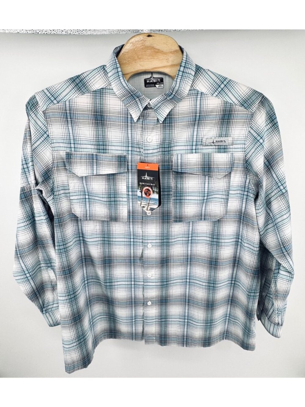 Men's Habit 2XL Sun Factor Plaid Shirt Blue Fishing UPF 30+ Stripe Boritas Bay